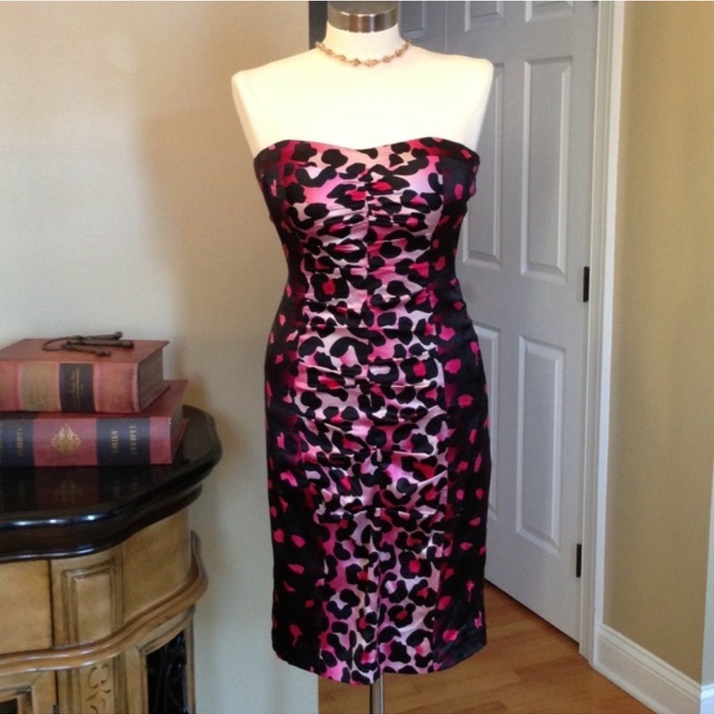 Cache Silk Strapless Dress 4 Pink Black Leopard Print Ruched Bodycon - Picture 4 of 5